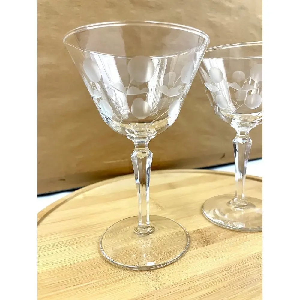 VTG Set of 2 Clear Carlton Champagne Glasses‎ Martini Stem Libbey Glass Etched